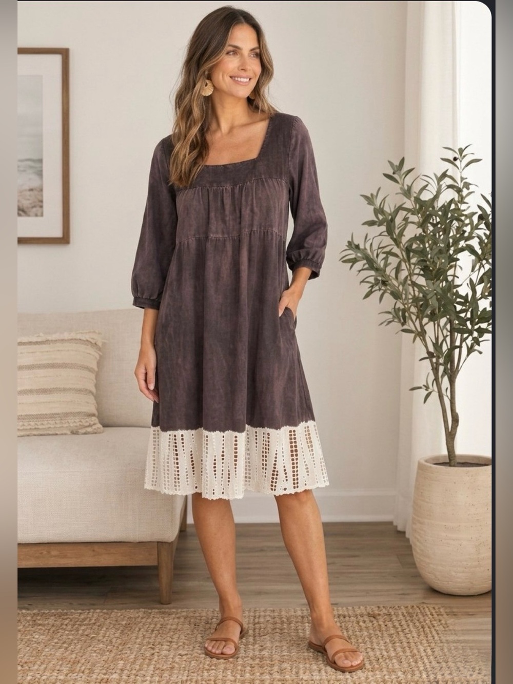 Prana Dark Brown 100% Cotton Midi Dress with velvet trim. 3/4 sleeve EUC XL - Picture 1 of 12